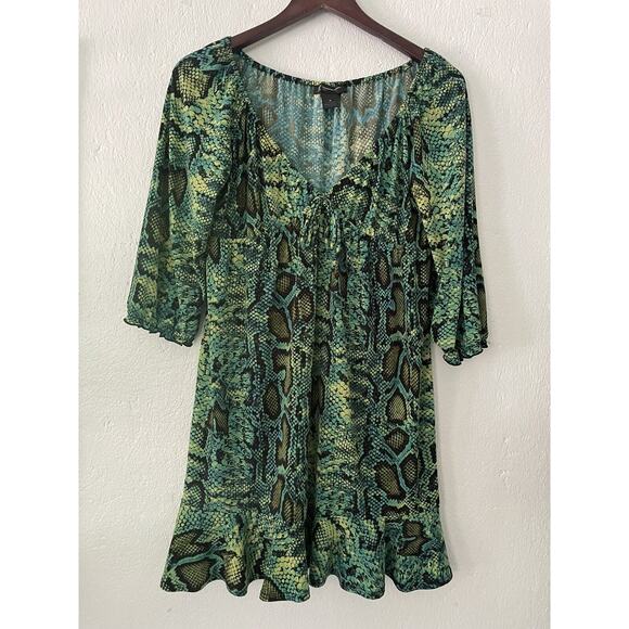 INC International Concepts Snake Print Green Y2K Mini Flounce Dress Sz Med Petit - Picture 2 of 12